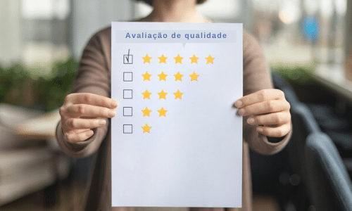 Woman choosing with tick five star rating on paper sheet